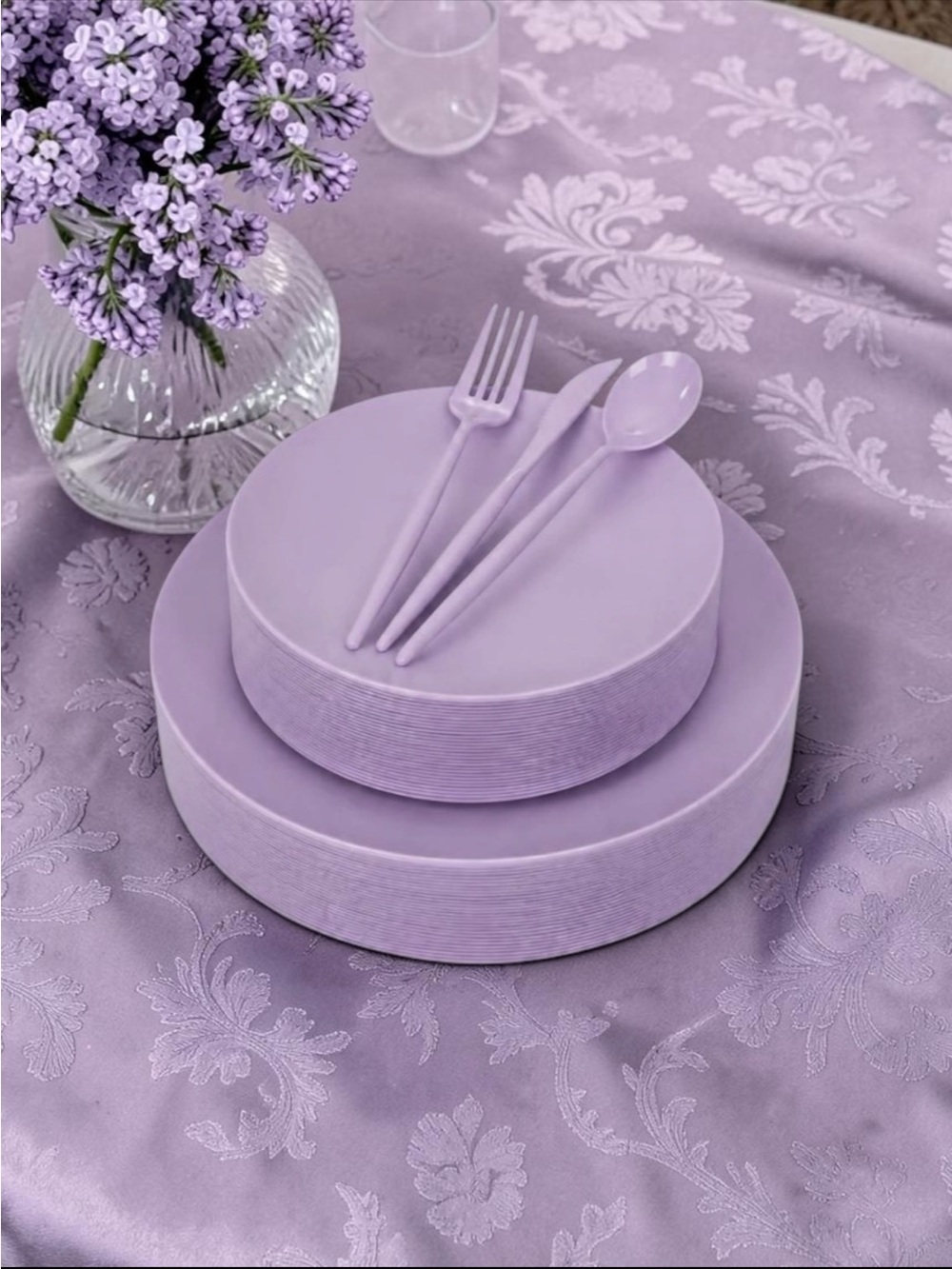 150pcs Purple Plastic Plates & Silverware Set for Parties & Events - New in Box